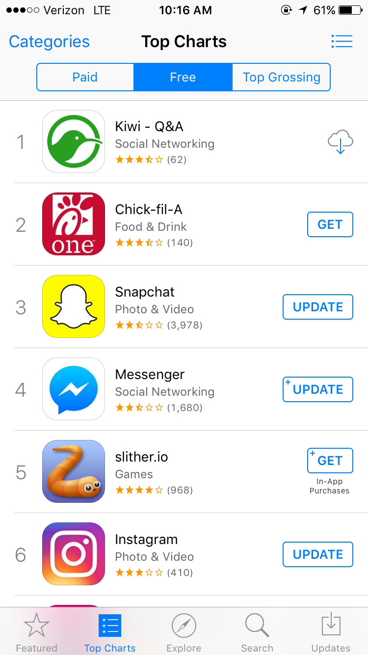 Kiwi at #1 in the US App Store